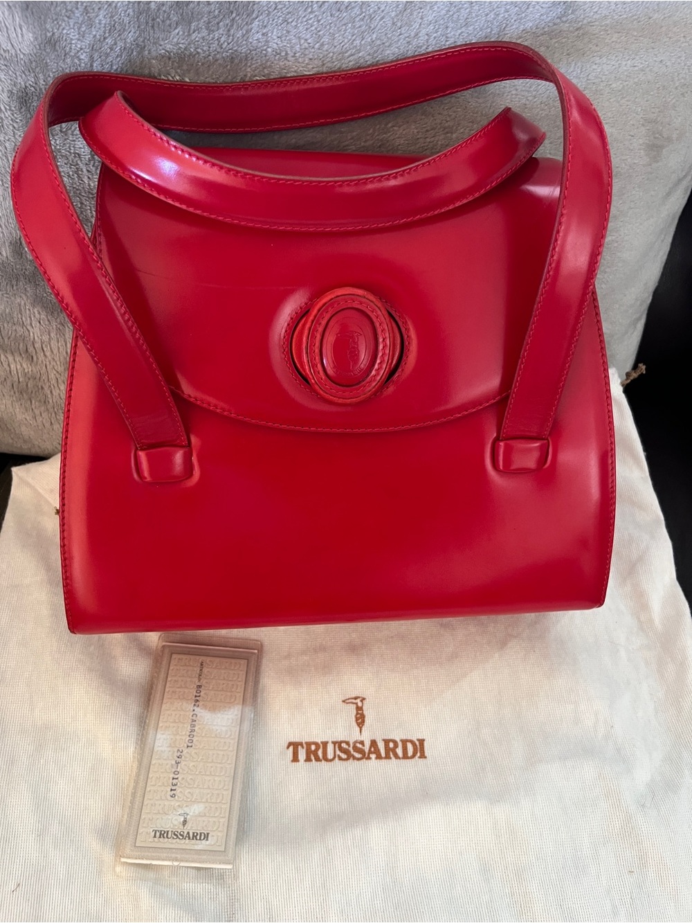 Trussardi Bright Red Leather Top Handle Bag with Turn Knob